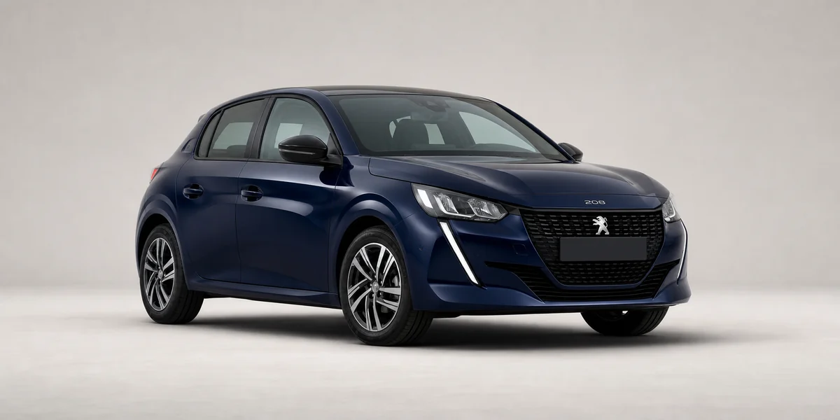 Lacivert Peugeot 208 önden üç çeyrek görünüm