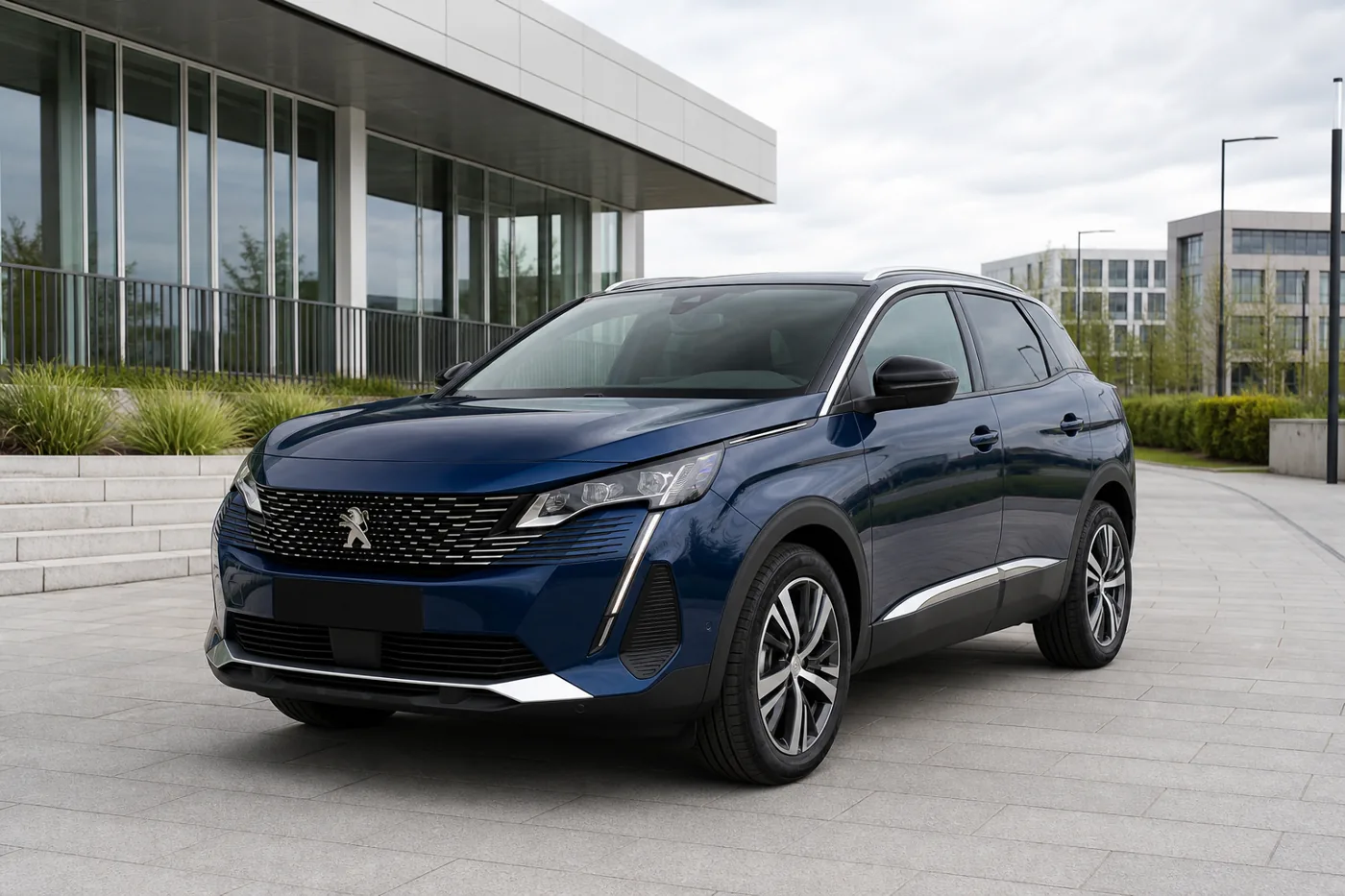Lacivert Peugeot 3008 önden üç çeyrek görünüm